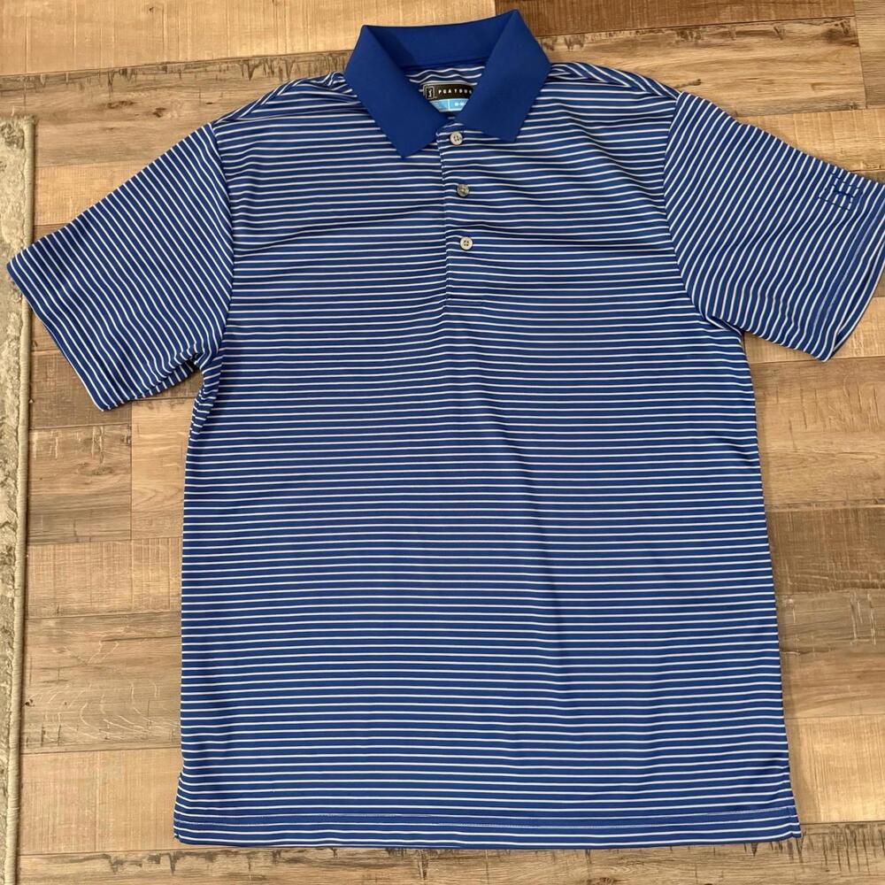 PGA TOUR Men's Blue White Striped Polo Golf Shirt M 100% Polyester Short Sleeve